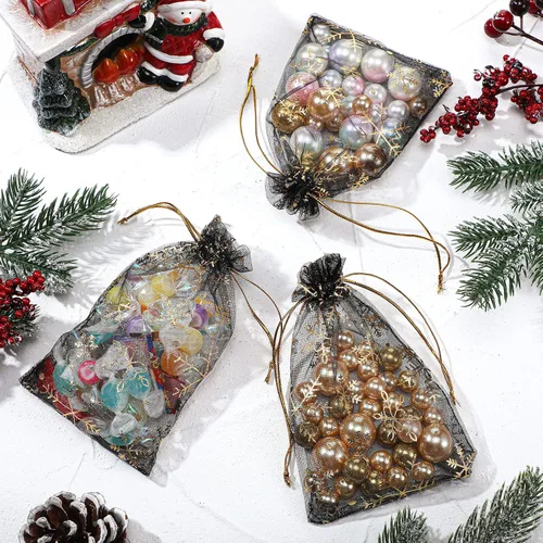 Vista 5 de Roowest 100 bolsas de regalo de organza con copos de nieve de 4 x 6 pulgadas, pequeñas bolsas de malla para joyas, mini cordón para dulces, bolsas