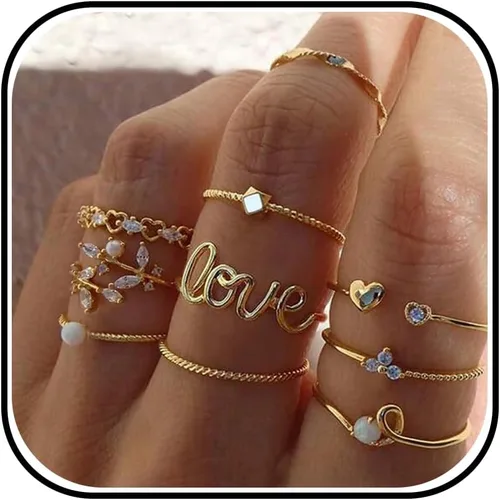 Vista 7 de Anillos Apilables de Oro para Mujeres Rellenos de Medias Navideñas para Adolescentes Conjunto de Anillos de Hoja de Perla Circonita Cúbica Corazón A