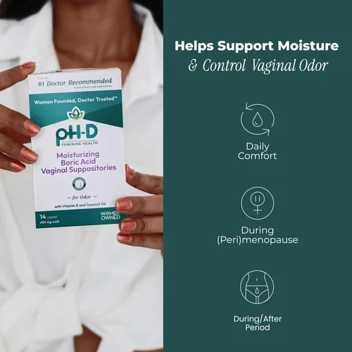 Vista 2 de pH-D Apoyo para la Salud Femenina - Supositorio Hidratante de Ácido Bórico - Propiedad de Mujeres - para el Olor Vaginal - Libre de Parabenos y Sin