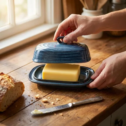 Vista 8 de HASENSE - Mantequillera con tapa, recipiente de mantequilla de porcelana con asa para encimera, gran mantequera y soporte con cubierta para Azul