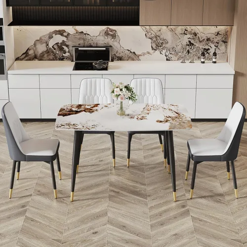 Vista 7 de Ebullient Mesa de comedor para 4, mesa de comedor rectangular de mármol, mesa de comedor de mármol sintético, mesa de comedor moderna con marco