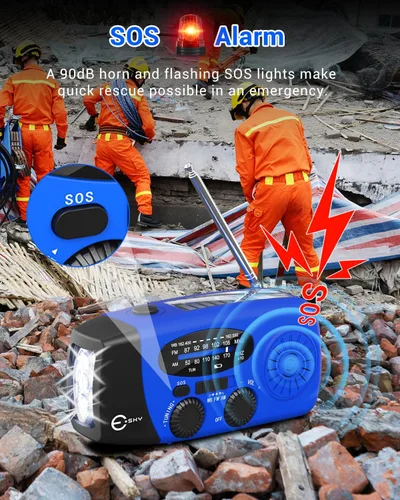 Vista 4 de Esky Radio de emergencia con manivela y 3 linternas LED, radio meteorológica portátil AM/FM/NOAA con cargador de teléfono de 2000mAh, radio