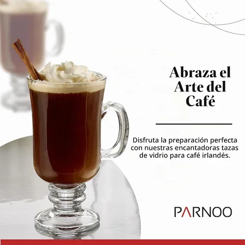 Vista 2 de PARNOO Tazas de café irlandesas, 8 onzas con mango y base de tallo con pies, vasos transparentes para té, café y chocolate caliente, juego de 4