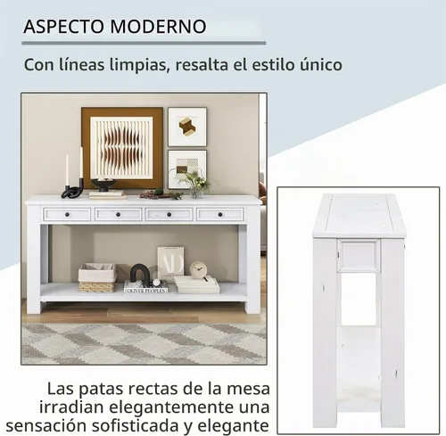 Vista 7 de LKTART - Mesa consola de 63 pulgadas para entrada, mesa de sofá de madera maciza con 4 cajones Blanco antiguo