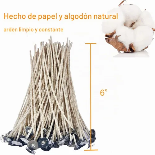 Vista 2 de 100 mechas ecológicas de 6 pulgadas para hacer velas recubiertas con cera de soja natural, hilos de algodón de bajo humo tejidos con papel con 20