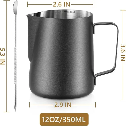 Vista 3 de Jarra de leche espumosa, jarra de leche espumosa de acero inoxidable de 12 onzas / 11.8 fl oz con bolígrafo Latte Art, con medidas internas