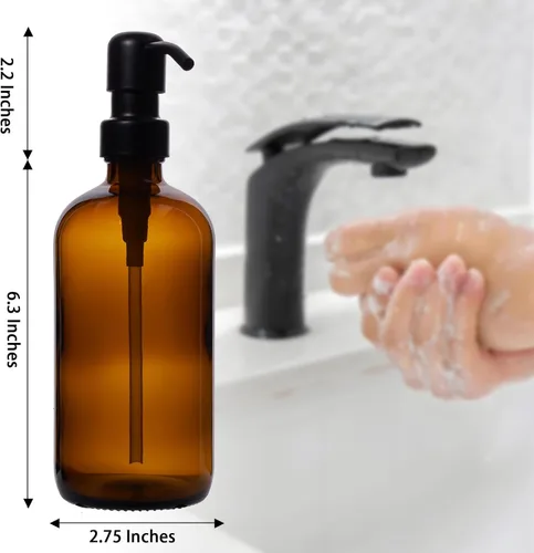 Vista 4 de Diahom Dispensador de jabón de vidrio ámbar, dispensador de jabón para platos de mano, 1 bomba de acero inoxidable de 16 onzas para fregadero