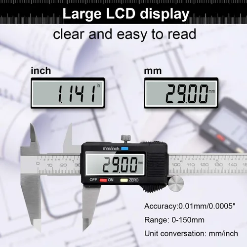 Vista 6 de Herramienta de medición de calibre, Qfun calibre digital de vernier de acero inoxidable de 6 pulgadas/150 mm, micrómetro digital impermeable, fácil