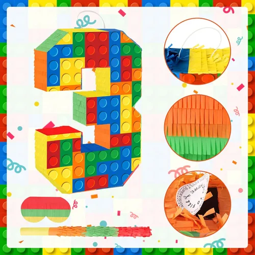 Vista 6 de Decoraciones de fiesta de cumpleaños de bloques de construcción para el tercer cumpleaños Número 3 Piñata con palo de piñata y venda para los ojos