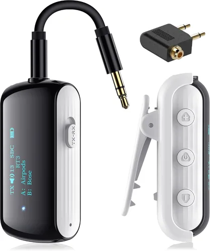 Vista 7 de Receptor transmisor Bluetooth 5.2 para 2 AirPods/Auriculares Flight Bluetooth Adapter for Airplane, TV, Gym with a 3.5mm Audio Jack, Wireless BT