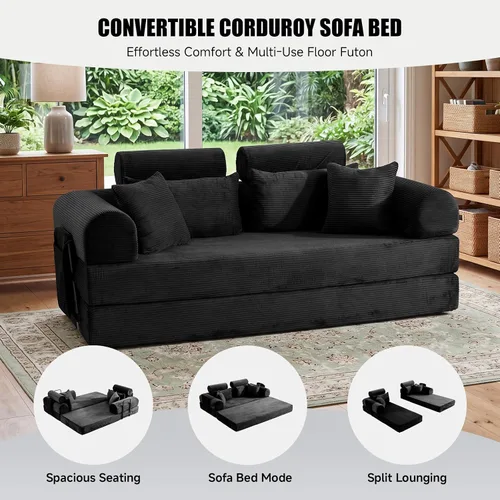 Vista 2 de Sofá cama de espuma viscoelástica de 79 pulgadas, futón convertible con reposacabezas alto, sofá sin hueso Negro