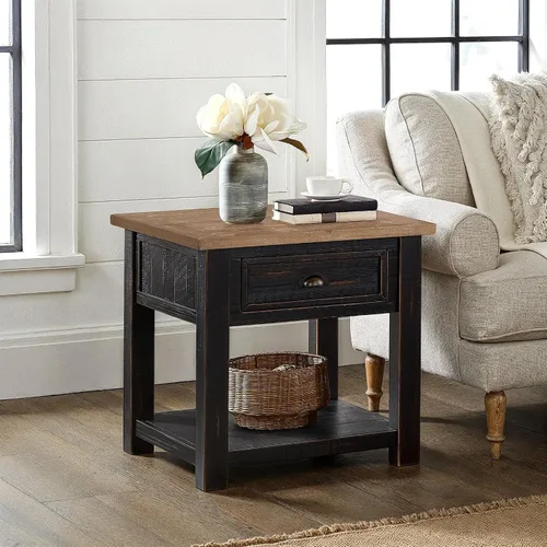 Vista 15 de Martin Svensson Home Mesa auxiliar de madera maciza, color negro con tapa marrón
