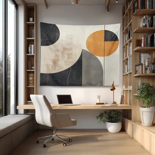 Vista 2 de Shrahala Modern Abstract Artwork Wall Tapestry, Orange Black Beige Wall Hanging Large Tapestry Decoration Polyester Fiber White Hem Around for Dorm