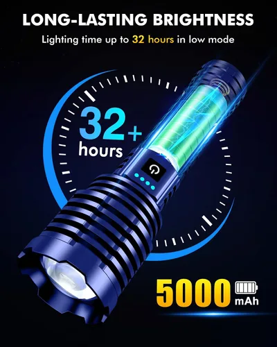 Vista 6 de Linterna súper brillante de 5000.000 lúmenes de alta luminosidad, linternas LED recargables alimentadas por batería, linterna táctica impermeable