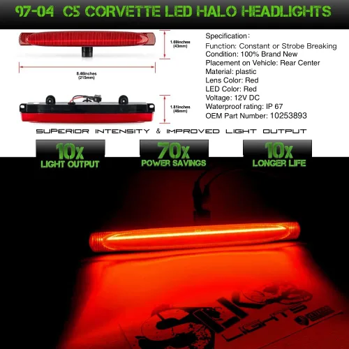 Vista 2 de SLK C5 Corvette LED 3ª luz de freno (1997-2004) – Lámpara de freno central de lente roja de montaje alto con flash estroboscópico F1 – Sustituye al