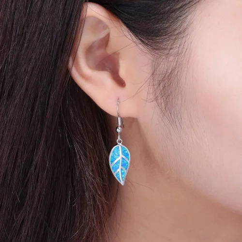 Vista 3 de CiNily Aretes colgantes chapados en oro blanco de 18 quilates con ópalo de hoja para mujeres, adolescentes y niñas, hipoalergénicos, regalo