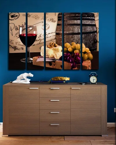 Vista 6 de Gran copa de vino tinto de 5 piezas para decoración de pared, póster impreso en paneles de lienzo, juego de decoración de pared con temática
