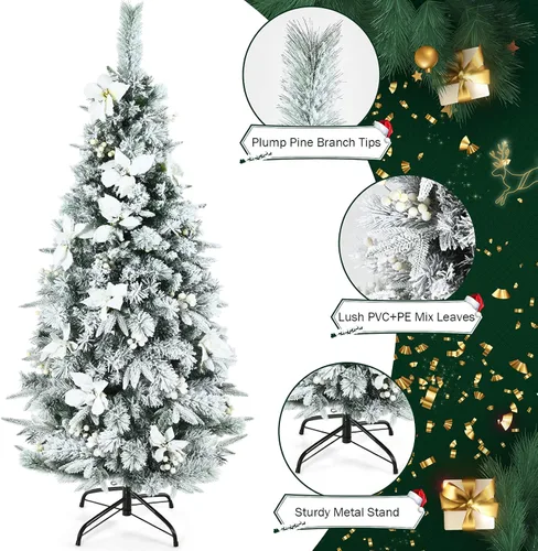 Vista 8 de COSTWAY Árbol de Navidad artificial flocado de nieve de 5 pies, árbol falso de Navidad con 339 puntas de rama, 228 bayas blancas y flores de pascua