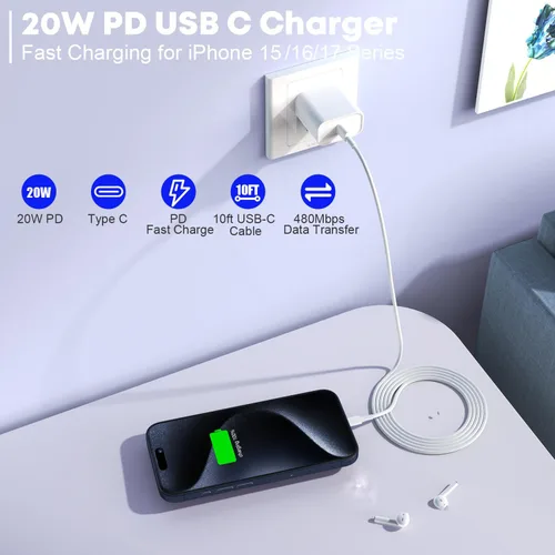 Vista 2 de Cargador rápido para iPhone 17/16/15, carga rápida extra larga de 10 pies, paquete de 3 bloques USB-C a USB C, cable de carga rápida para iPhone