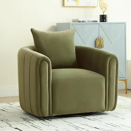 Vista 10 de ANJ Silla giratoria decorativa, silla de barril de terciopelo para sala de estar, cómodo sillón moderno, completamente montado (beige)
