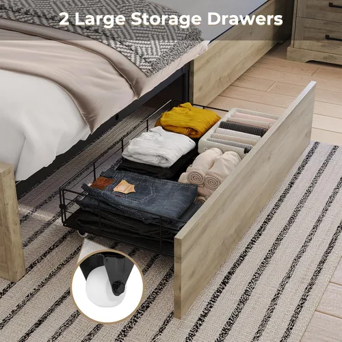 Vista 7 de Base de cama de tamaño King de estilo granja de Hasuit con estante de almacenamiento, cabecero, cama de madera King con luces LED, estación de Roble