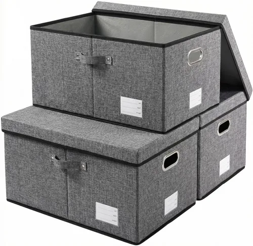 Vista 69 de PRANDOM Contenedores de almacenamiento con tapas [paquete de 3] cajas de almacenamiento plegables de tela de lino, canastas organizadoras, cubos