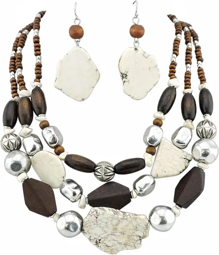 Vista 9 de Bocar 3 Layer Turquoise Wood Beaded Statement Chunky Necklace(NK-10124)