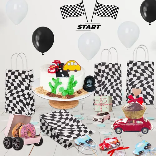 Vista 5 de 30 bolsas de papel a cuadros con asa, bolsas de regalo de carreras a cuadros, tamaño 9 pies de alto x 5.5 pies de largo x 3.3 pies de profundidad