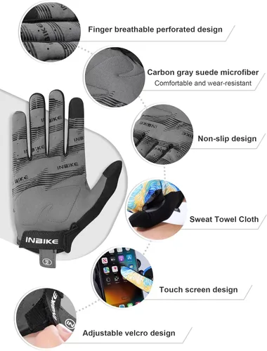 Vista 4 de INBIKE Guantes de ciclismo para hombres y mujeres, guantes de bicicleta transpirables con dedos completos, antideslizantes, pantalla táctil