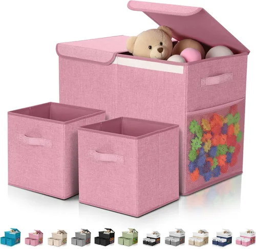 Vista 15 de Paquete de 3 Cajas Grandes de Almacenamiento de Juguetes de 23" con Cubos Contenedores de 11", Organizador Cofre de Juguetes Plegable con Tapas