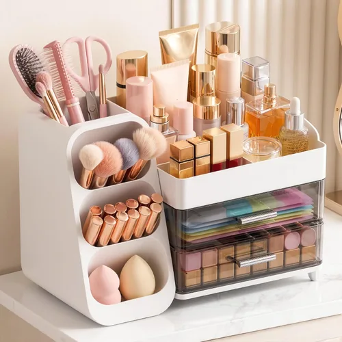 Vista 8 de Organizador de maquillaje de gran capacidad con soporte para brochas de maquillaje para tocador, material grueso, organizador de encimera de baño