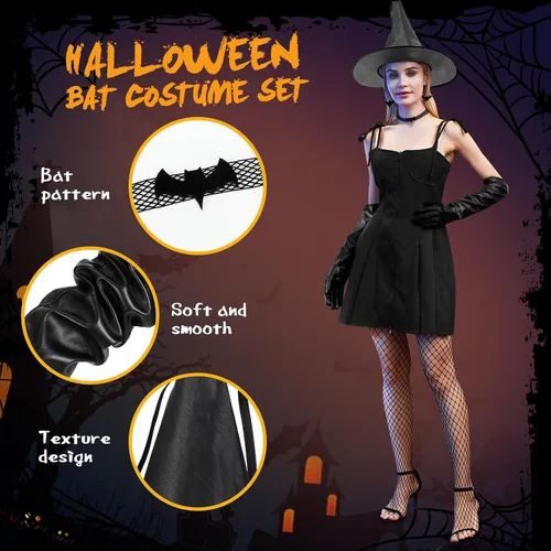 Vista 4 de Ramede 5 Pcs Halloween Witch Hat Accessories, Include Black Wide Brim Pointed Hat, Lace Bat Choker, Cool Earrings Gothic Jewelry Set, PU Leather