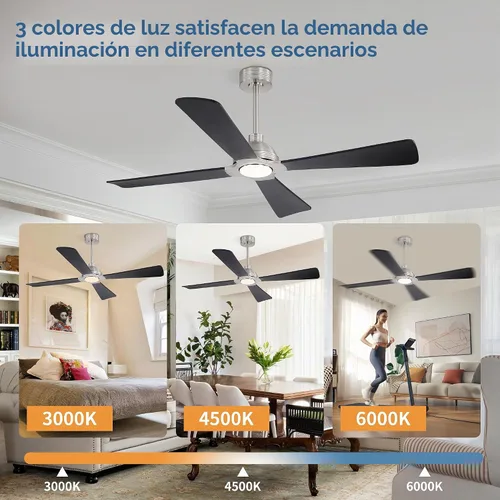 Vista 5 de WINGBO Ventilador de techo CC de 56 pulgadas con luces y control remoto, 4 aspas de madera maciza, 3CCT, motor CC reversible de 6 velocidades Níquel