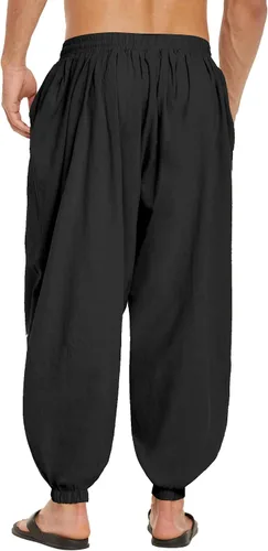 Vista 3 de COOFANDY Pantalones harén de algodón para hombre, casuales, holgados, de lino, hippie