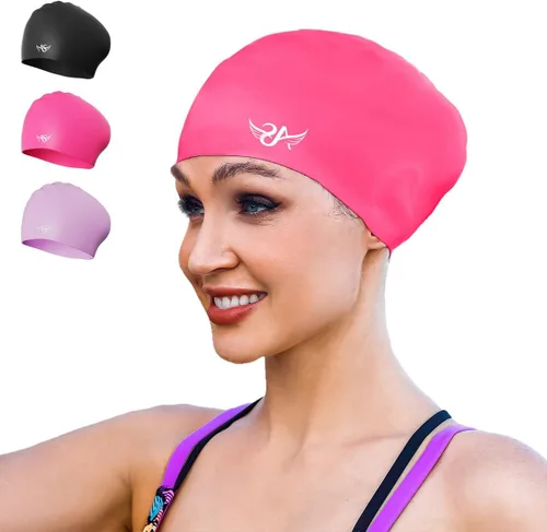Vista 10 de Angel season Gorros de natación para mujer, de silicona, rizado, mediano y largo, diseño ergonómico para adultos, mantiene el cabello seco
