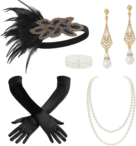 Vista 15 de BABEYOND - Accesorios estilo 1920s, Set de accesorios para disfraz Gatsby de los años 20s, diadema Flapper, collar de perlas, guantes, soporte