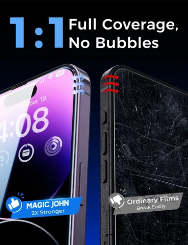 Vista 7 de MAGIC JOHN Paquete de 2 protectores de pantalla de vidrio templado para iPhone 14 Pro Max de 6.7 pulgadas, instalación con eliminación automática