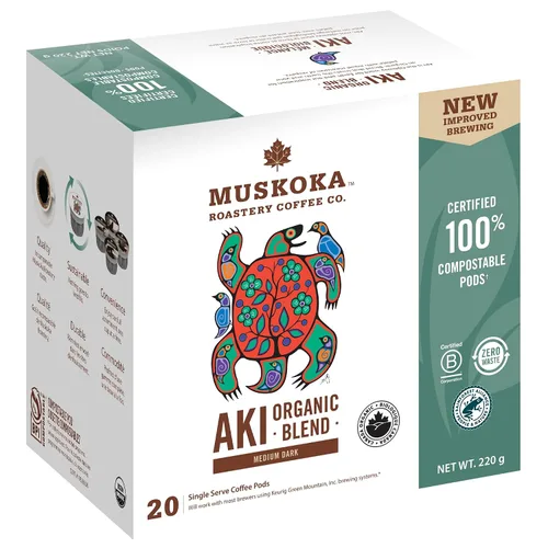 Vista 7 de Muskoka Roastery Coffee, mezcla orgánica Aki, tostado medio oscuro, 20 cápsulas de café de una sola porción, compatible con cafeteras K-Cup Keurig