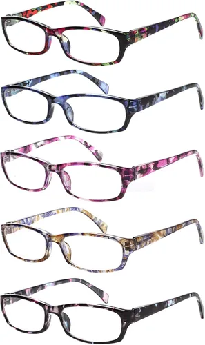 Vista 14 de Kerecsen Gafas de lectura, 5 pares de lentes de lectura de moda para mujer, bisagra de resorte con patrón impreso para mujer (5 marrones, 0.5, x)