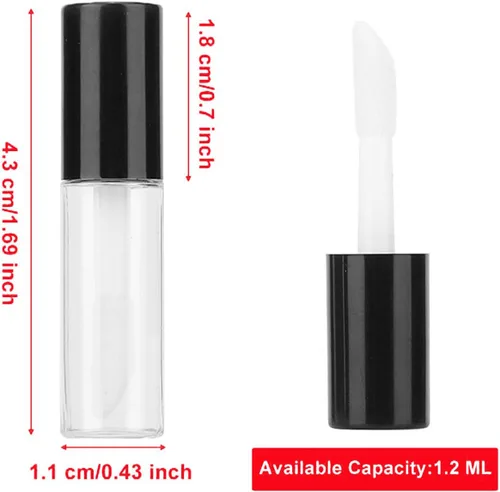 Vista 2 de Caja de 45 paquetes, tubos vacíos de plástico transparente para brillo de labios, contenedor de botella de bálsamo labial, negro, transparente, 0.04