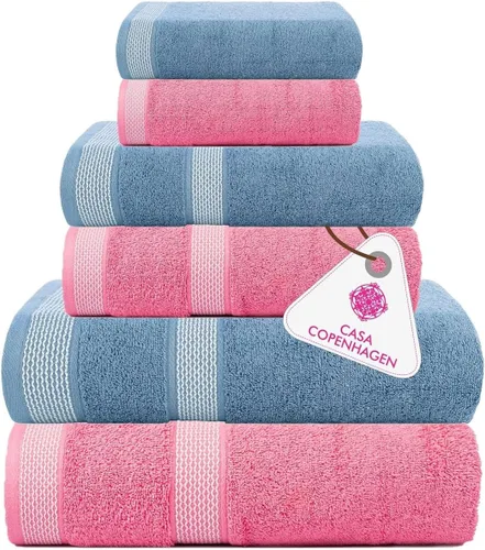 Vista 31 de CASA COPENHAGEN Exotic - Juego de 6 toallas de diseño de 100% algodón egipcio, color azul aguamarina, 550 GSM, 2 toallas de baño, 2 toallas de baño