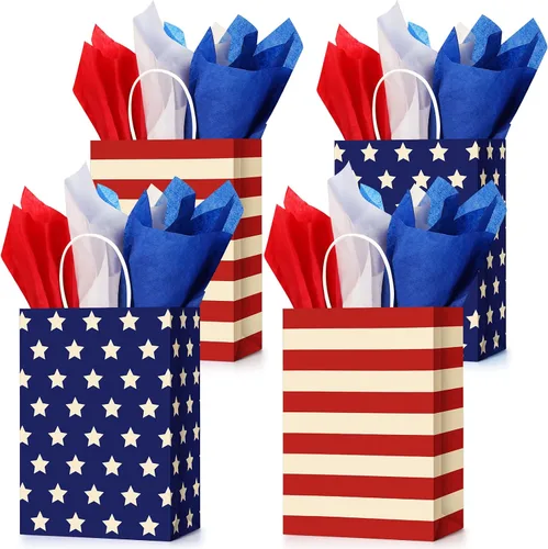 Vista 8 de Tisancy 30 bolsas de regalo patrióticas con asa con 30 piezas de papel de seda rojo, blanco y azul, 4 de julio, bandera estadounidense, bolsas