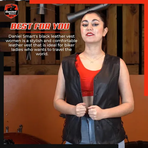 Vista 7 de Daniel Smart Motorcycle Vest for Women Open Neck Leather Vest with Unique Design and Inside Carry Pockets