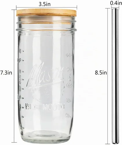 Vista 2 de Mason Paquete de 4 Tazas de Té Reutilizables, Frascos de Vidrio 24oz Boca Ancha Tazas para Batidos con Tapas de Bambú y Pajitas Plateadas, Tazas