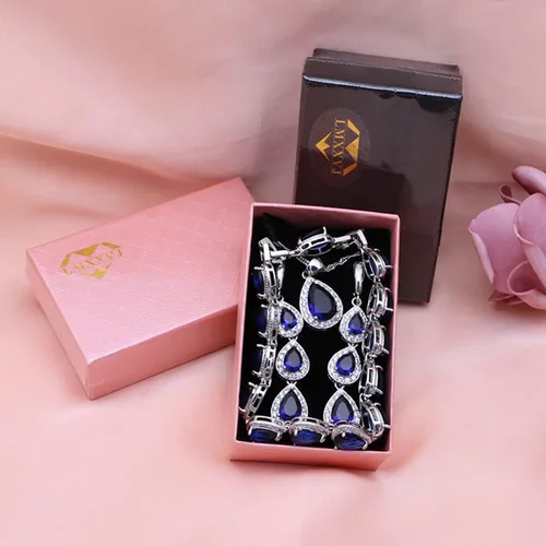 Vista 6 de LMXXVJ Juego de collar y aretes largos, chapados en oro blanco, juego de joyas de zafiro azul creado, joyería de regalo para boda, fiesta, joyería