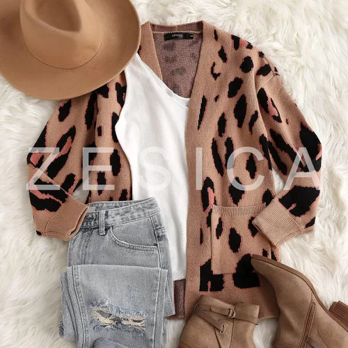 Vista 3 de ZESICA Suéter de punto de manga larga con estampado de leopardo para mujer suéter tipo cardigan para exteriores