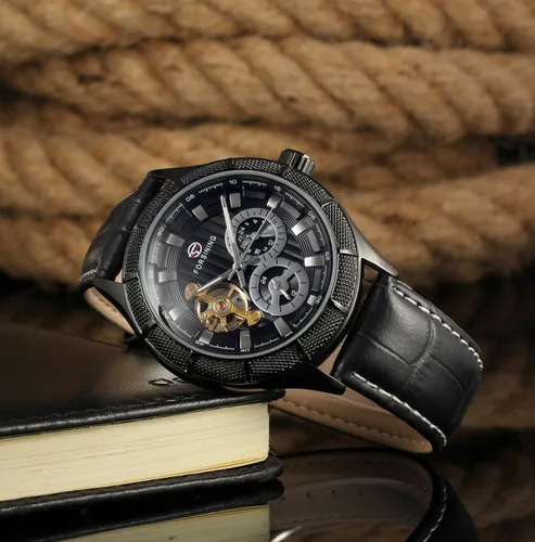 Vista 3 de Carrie Hughes Mens Tourbillon Steampunk Black Leather Automatic Watch