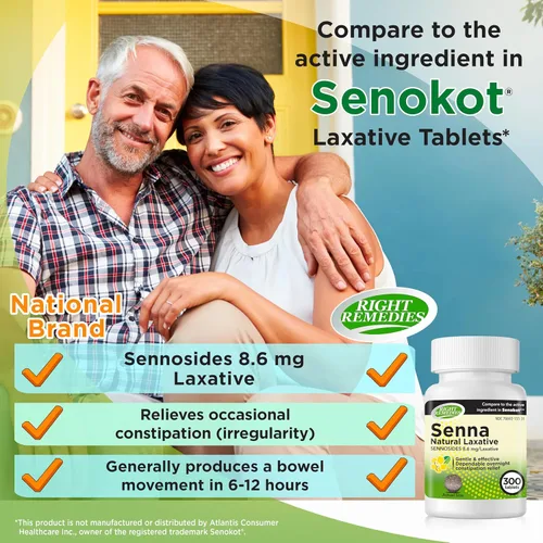 Vista 3 de RIGHT REMEDIES Laxante natural Senna, (300 tabletas), Senna 8.6 mg, laxantes suaves durante la noche para aliviar el estreñimiento, comparado