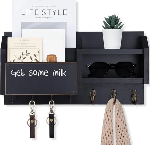 Vista 7 de Lwenki Soporte para llaves y correos – Colgador de pared para llaves con estante y 7 ganchos de metal – Organizador decorativo de entrada de madera