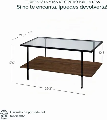 Vista 2 de Nathan James Asher Mid-Century - Mesa de centro rectangular con parte superior de cristal y estante de almacenamiento con acabado de madera con Negro